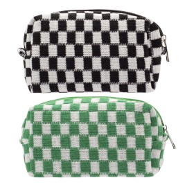 PAZIMIIK Checkered Makeup Bag for Purse Portable Zipper Make Up Pouch Small Cosmetic Case for Travel Accessories (2PCS Black Green)