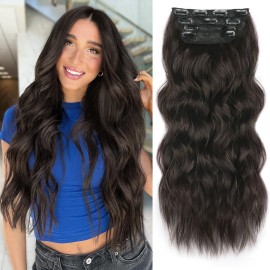 ALXNAN Clip in Long Wavy Synthetic Hair Extension 4PCS 24 Inch Dark Brown Thick Hairpieces Fiber Double Weft Hair for Women