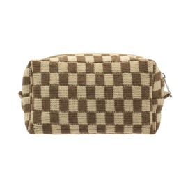 PAZIMIIK Checkered Makeup Bag for Purse Portable Zipper Make Up Pouch Small Cosmetic Case for Travel Accessories (Coffee)