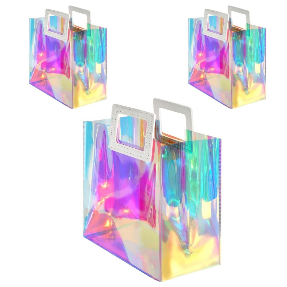 VUOJUR 3pcs Holographic Gift Bag Medium Size 11x9.8x5.1\'\' Clear Reusable Birthday Gift Bag for Women Girl Iridescent Bachelorette Wedding Christmas with Handle