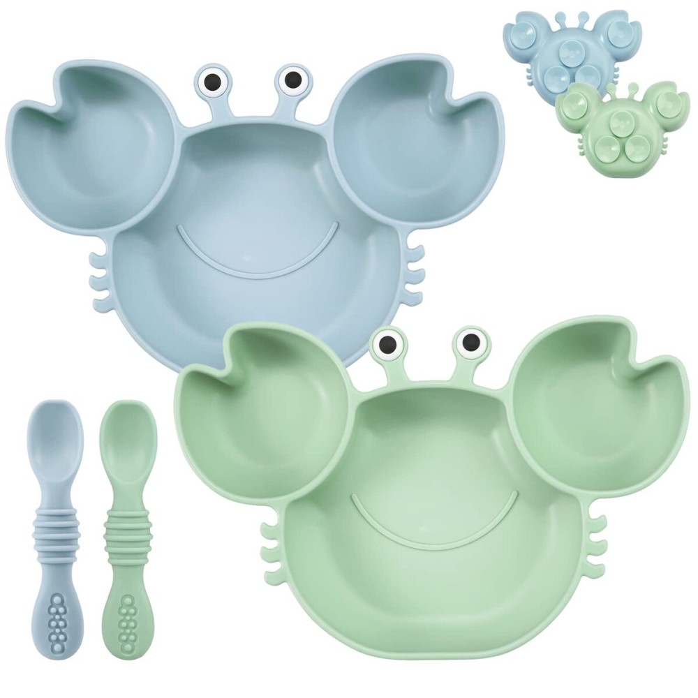 PandaEar 2 Pack Silicone Suction Plate for Baby, Divided Unbreakable Toddler Food Plate with 2 Pack Spoons for Self Feeding, Toddler Utensils Feeding Set Baby Eating Supplies, Crab Shape -Blue&Green