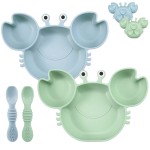 PandaEar 2 Pack Silicone Suction Plate for Baby, Divided Unbreakable Toddler Food Plate with 2 Pack Spoons for Self Feeding, Toddler Utensils Feeding Set Baby Eating Supplies, Crab Shape -Blue&Green