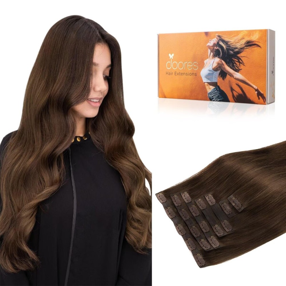 DOORES Human Hair Clip in Extensions, Chocolate Brown130g 7pcs 18 Inch, Virgin Weft With Invisible Edge Real Hair Extensions