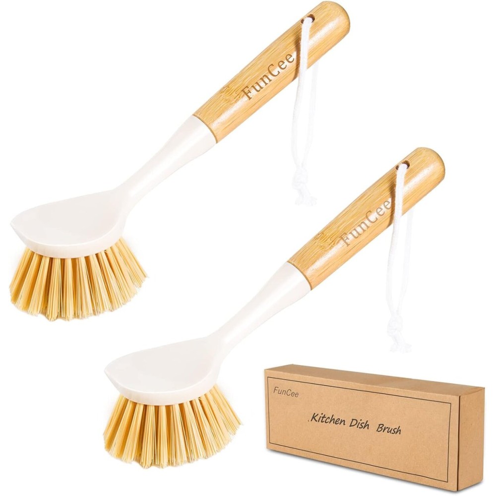 FunCee 2 Pack Kitchen Dish Brushes with Bamboo Handle, Dish Scrubber Built-in Scraper, Scrub Brush for Pans, Pots, Counter & Kitchen Sink Cleaning, Dishwashing and Cleaning Brush Tools, White