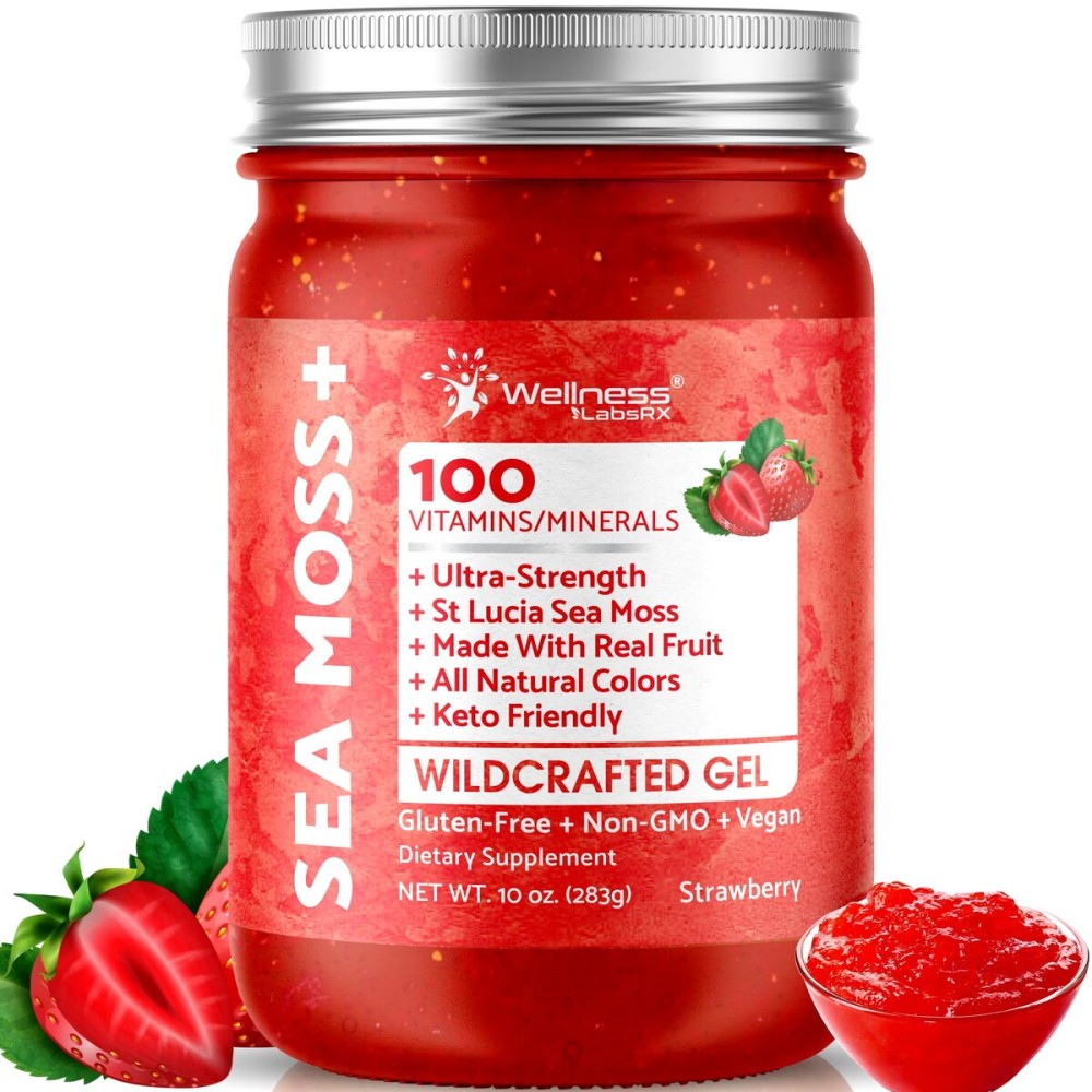 Sea Moss Gel - Wildcrafted Seamoss Gel Superfood - Strawberry Flavor, USA-made Irish Sea Moss Vitamin and Mineral-Rich from Pristine Caribbean Waters, Immune and Digestive Health Support - 10 oz.