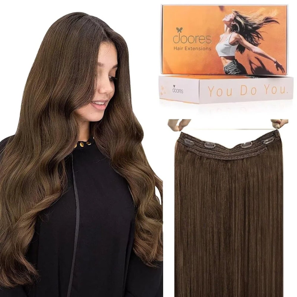 DOORES Wire Hair Extensions Chocolate Brown 14 Inch 75 g Remy Human Wire Hair Extensions Invisible Transparent Line Adjustable Hairpieces Secret Straight