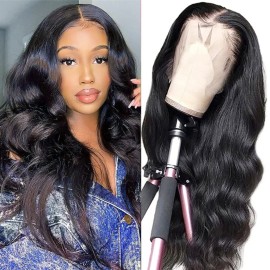 18 Inch Body Wave Lace Front Wigs Human Hair Pre Plucked 13x4 Lace Frontal Wig with Baby 180% Density 9A Glueless Brazilian Virgin Human Hair Wigs for Black Women Natural Hairline Natural Color