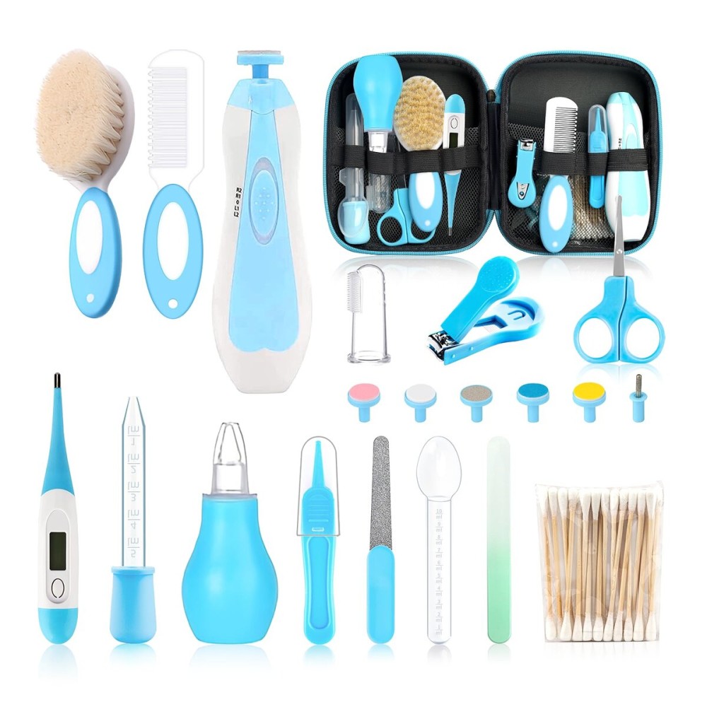 Baby Grooming KitElectric Safety Nail Trimmer Baby Nursery KitInfant Safety Care Set with Hair Brush Comb Nail Clipper Nasal Aspirator,Baby Essentials Kit for Newborn Girls Boys (21 PC-Blue Kit)