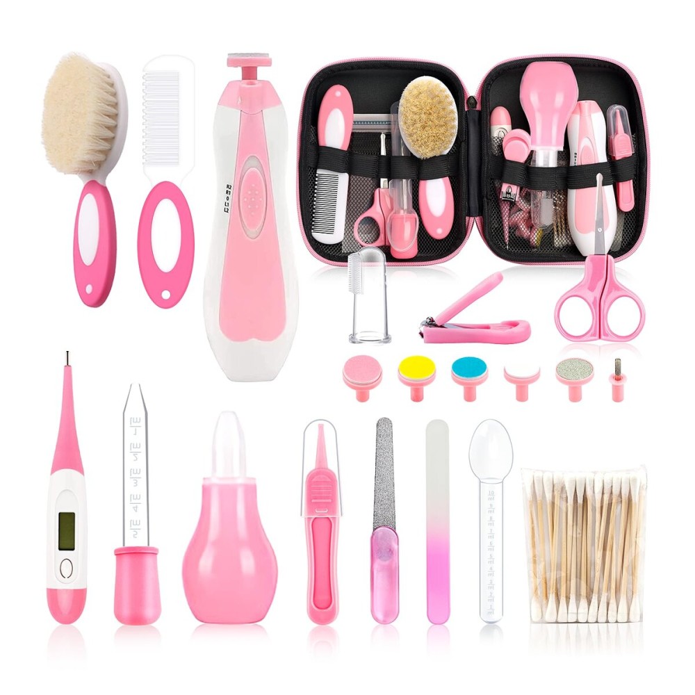 Infant Grooming Essentials: Electric Safety Nail Trimmer, Nasal Aspirator, Hair Brush, Comb, Nail Clipper (27 Piece Safety Care Set for Newborns - Pink)