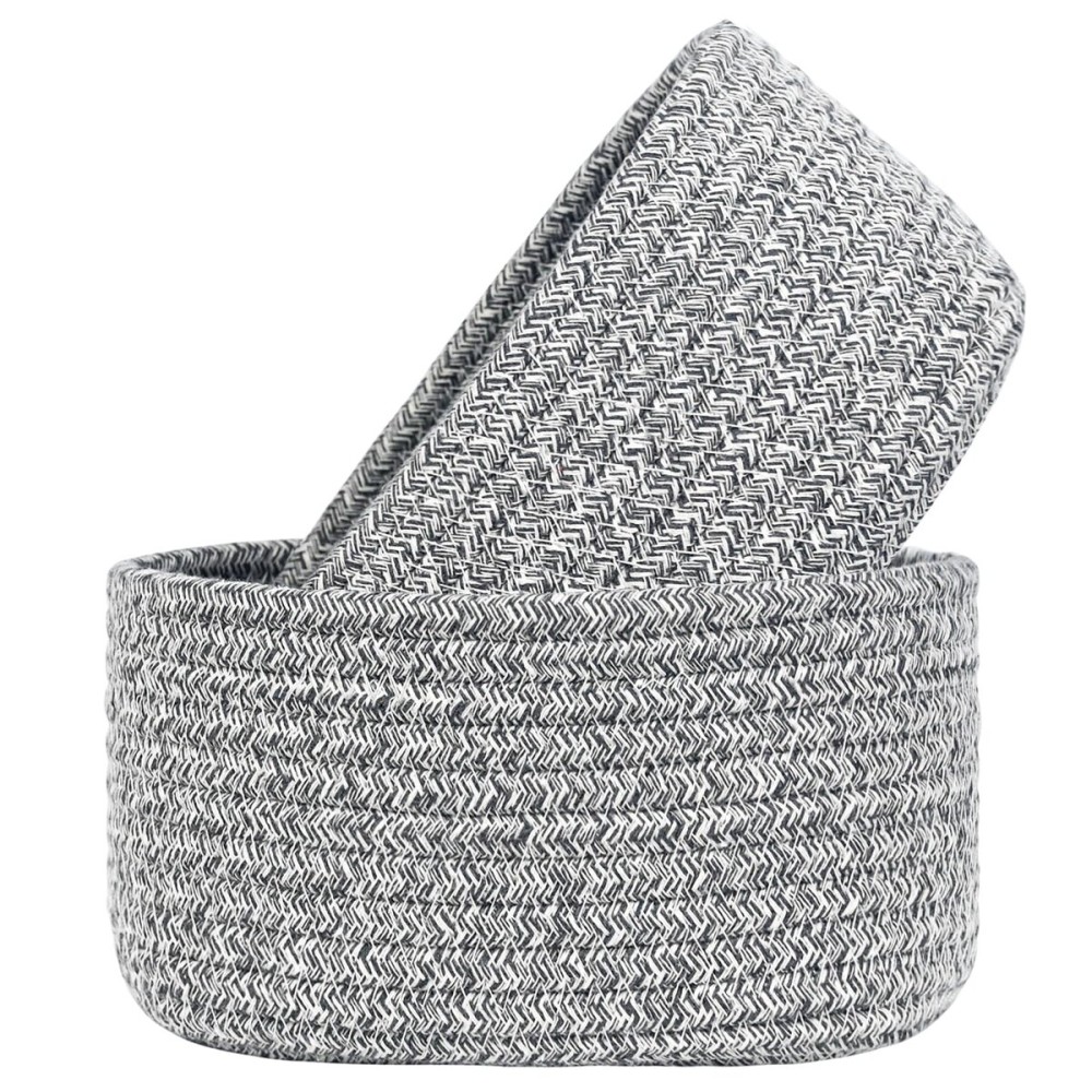 2 PackABenkle Small Woven Baskets, Tiny Oval Shallow Storage Baskets, Mini Cotton Rope Empty Decorative Basket, Boho Little Organizer Bins for Bathroom, Cat Dog Toy Gifts Baskets