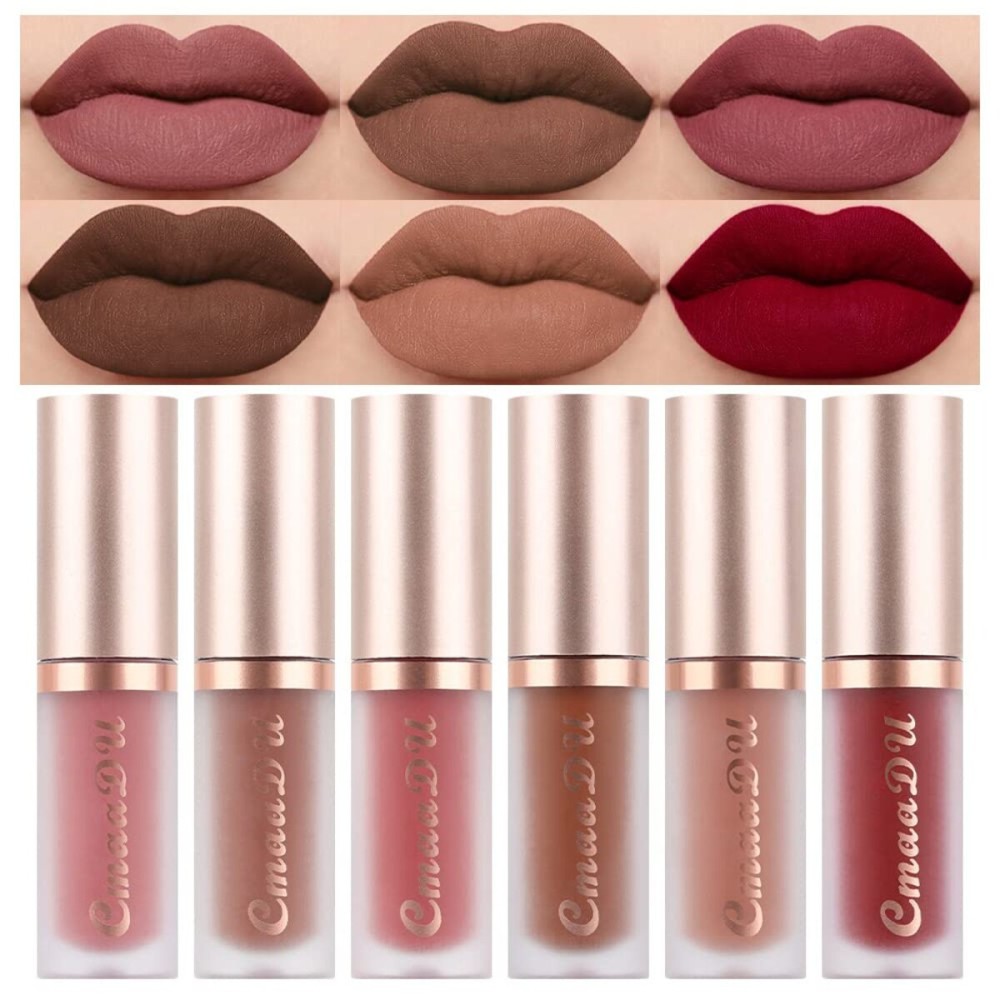 evpct 6Pcs Dark Light Nude Brown Matte Matt Liquid Lipstick Lip Gloss Glossy Set for Black Women, 24 Hour Brown Mauve Red Maroon Silky Velvet Lipstick Lip Liner set labiales matte larga duracion 24