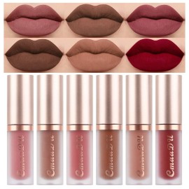 evpct 6Pcs Dark Light Nude Brown Matte Matt Liquid Lipstick Lip Gloss Glossy Set for Black Women, 24 Hour Brown Mauve Red Maroon Silky Velvet Lipstick Lip Liner set labiales matte larga duracion 24