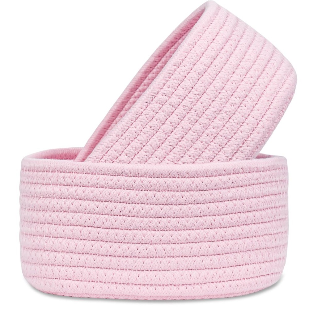 2 PackABenkle Small Woven Baskets, Tiny Oval Shallow Storage Baskets, Mini Cotton Rope Empty Decorative Basket, Boho Little Organizer Bins for Bathroom, Cat Dog Toy Gifts Baskets