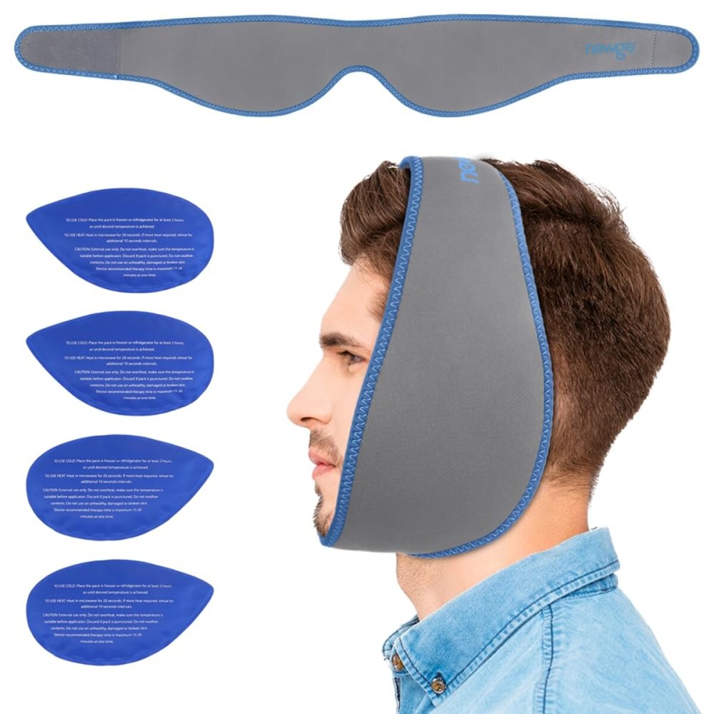 NEWGO Wisdom Teeth Ice Pack Head Wrap for Face Oral Surgery Pain Relief, Jaw Ice Pack Face Wrap with 4 Hot Cold Gel Packs for Tooth Extraction, TMJ, Chin, Jaw, Facial Surgery - Gray