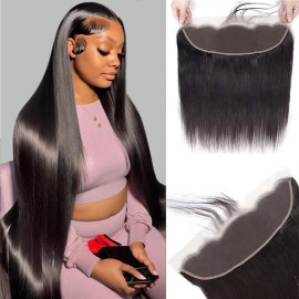 13x4 HD Lace Frontal Closure 16 Inch Straight Lace Frontal Human Hair 100% Unprocessed Brazilian Virgin Hair Ear to Ear Swiss HD Transparent Lace Closure Only Pre Plucked 1B Black