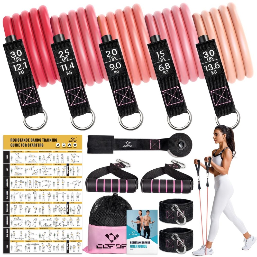 Resistance Bands with Handles for Women, 5 Level Exercise Bands Workout Bands for Physical Therapy, Yoga, Pilates, Door Anchor, Storage Pouch(Pink)