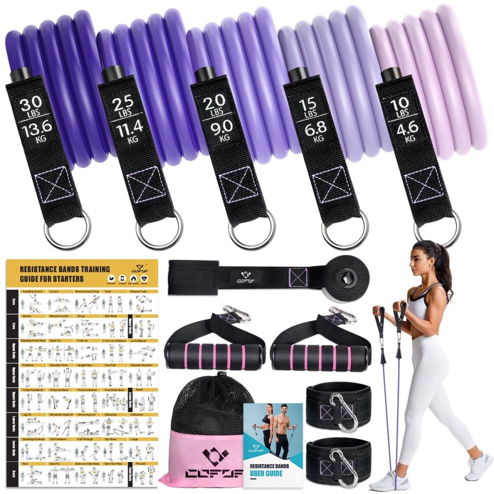 Resistance Bands with Handles for Women, 5 Level Exercise Bands Workout Bands for Physical Therapy, Yoga, Pilates, Door Anchor, Storage Pouch(Purple)