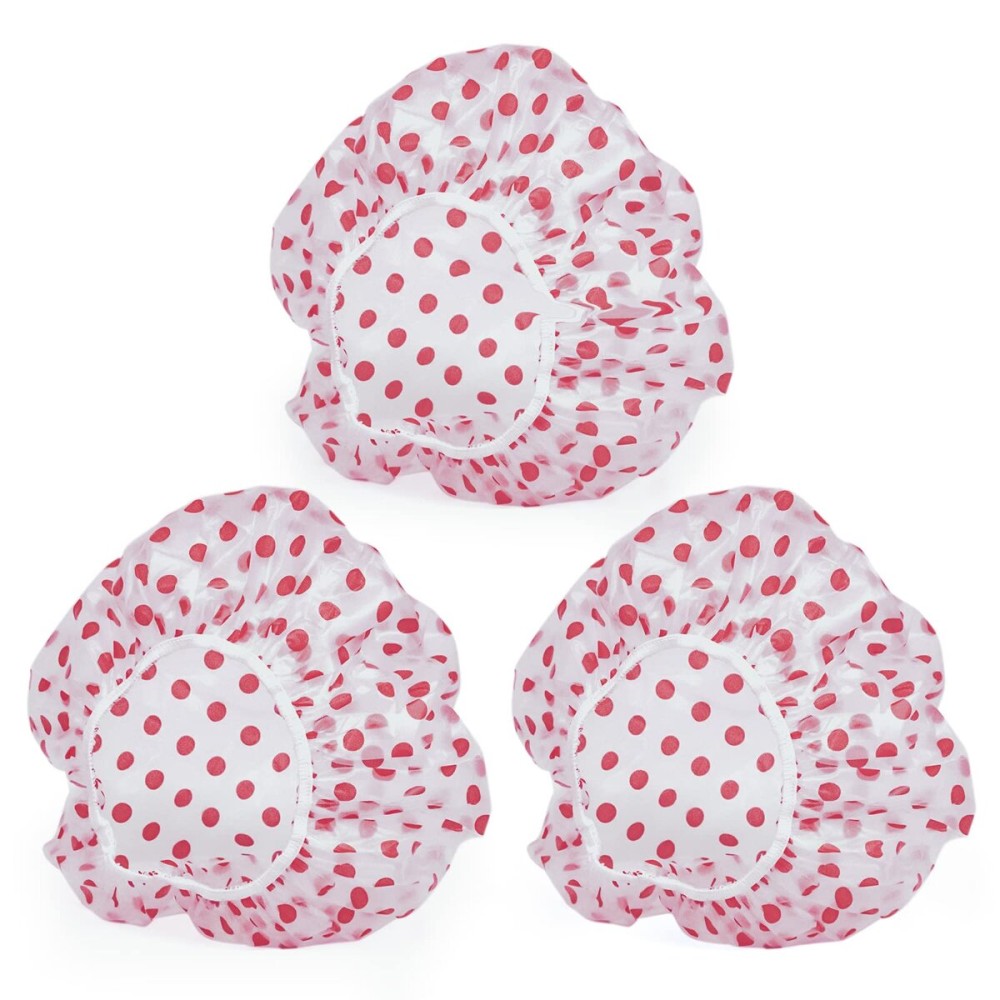 3PCS Shower Caps, Elastic Reusable Waterproof Plastic Shower Cap for Women Ladies Spa Salon Red