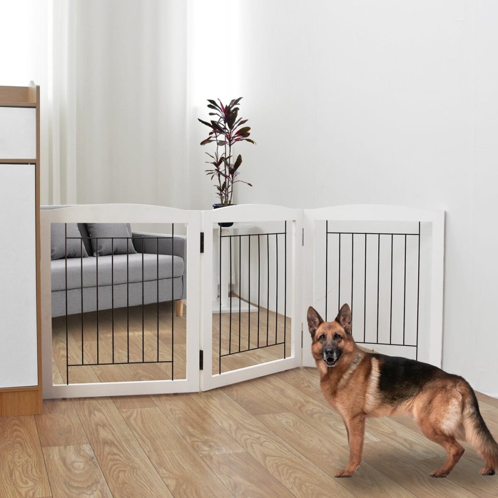 ZJSF Freestanding Foldable Dog Gate for House Extra Wide Wooden White Indoor Puppy Gate Stairs Doorways Pet Gate Tall Dog Fence 3 Panels Fence
