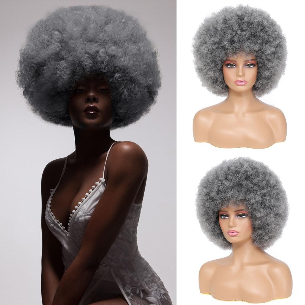 JSDshine Afro Wig - Soft 70s Afro Wigs For Women Grey Kinky Curly Hair Wigs With Bangs Natural Looking Gray Big Curly Wig For Men Bouncy Afro Puff Wig For Daily Party Cosplay Use