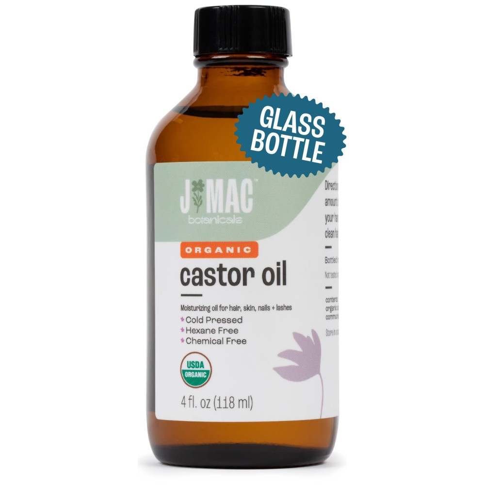 J MAC BOTANICALS Organic Castor Oil Cold Pressed (Glass Bottle, 4 oz, NO DROPPER), pure hexane free castor oil for face, skin, eyelashes