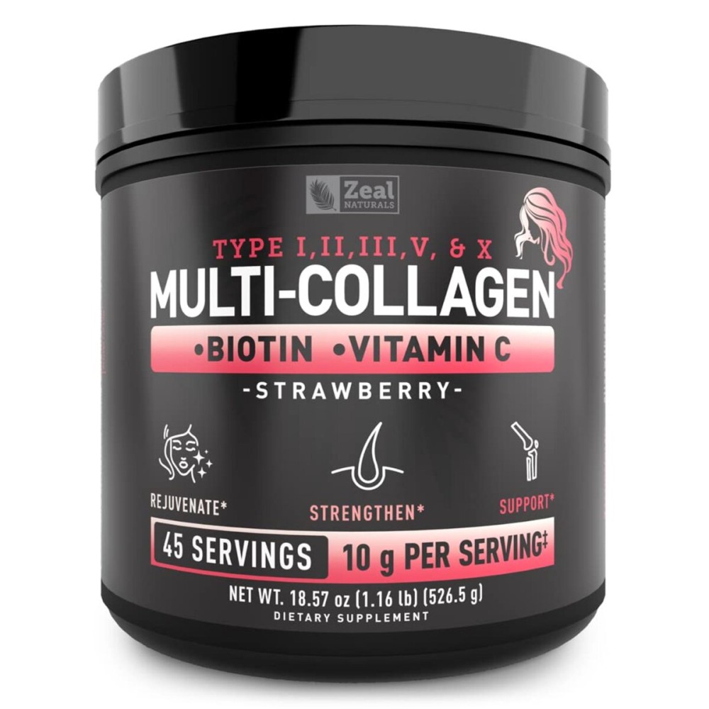 Premium Multi Collagen Peptides Powder (1, 2, 3, 5 & 10) with Protein. Vitamin C, Biotin, Hyaluronic Acid, for Hair Skin and Nails - Marine, Bovine, Chicken & Eggshell (Strawberry, 45 Servings)