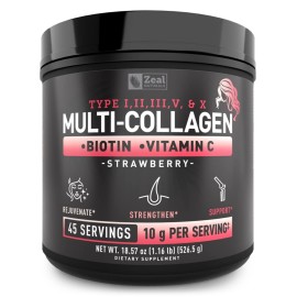 Premium Multi Collagen Peptides Powder (1, 2, 3, 5 & 10) with Protein. Vitamin C, Biotin, Hyaluronic Acid, for Hair Skin and Nails - Marine, Bovine, Chicken & Eggshell (Strawberry, 45 Servings)