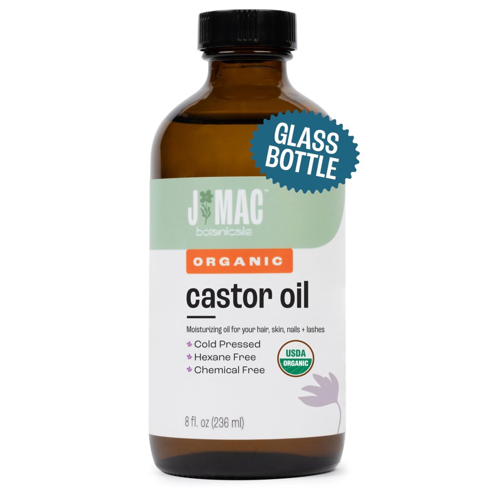 J MAC BOTANICALS, Organic Castor Oil Cold Pressed (Glass Bottle, 8 oz) pure unrefined, hexane free for face, skin, eyelashes, pack wraps, pads