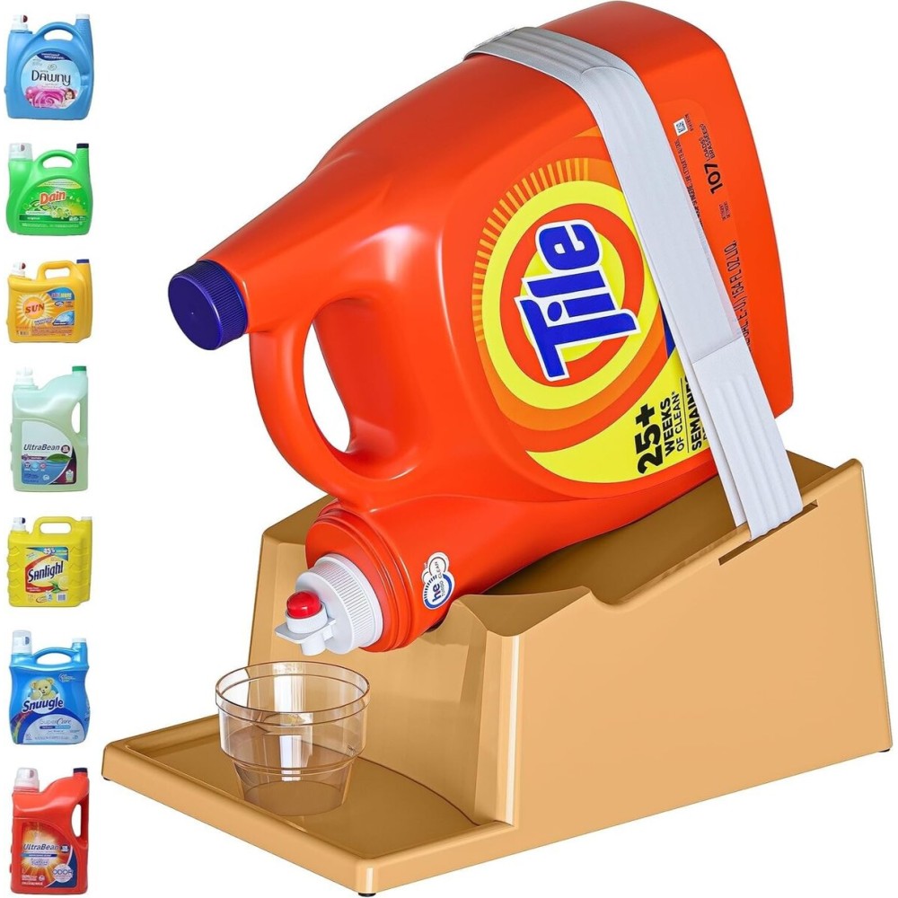 TidyFriend Laundry Detergent Holder Stand with Drip Tray, Laundry Soap Holder with Non-Slip Rubber Feet for Washing Space Organization, Angled Downward Slope for Easy Pouring (Beige)