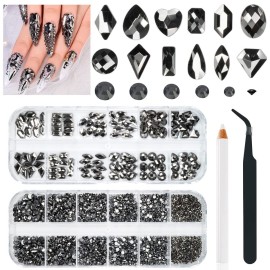 2630Pcs Mine Black Nail Rhinestones 120 Multi Shapes Metallic Black Big Gems Nail Charms +2510 Flatback Rhinestones Round Beads K9 Glass Stones Nail Art Diamonds jewels for Nails Eyes Makeup Crafts