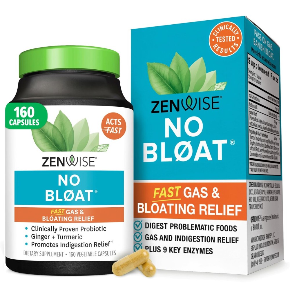 Zenwise Health No Bloat Digestive Enzymes for Gut Health, Gas & Bloating Relief - Multi Enzymes Digestion Supplement with Probiotics, Ginger, Turmeric Dandelion & Lactase - Men & Women - 160 Count