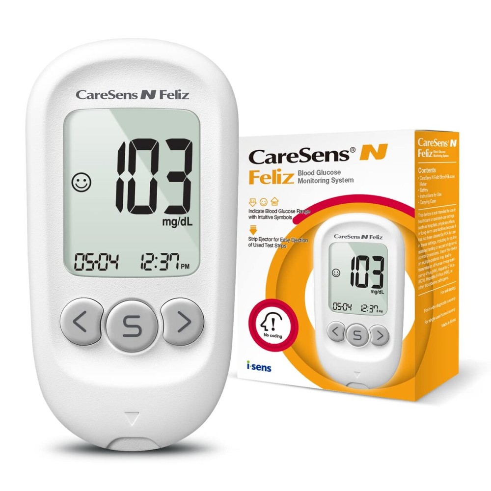 CareSens N Feliz Blood Glucose Monitoring System - Meter Only - 1 Diabetes Blood Glucose Meter, 1 User Guide, 1 Quick Reference guide, 1 Case & 1 CR 2032 Battery
