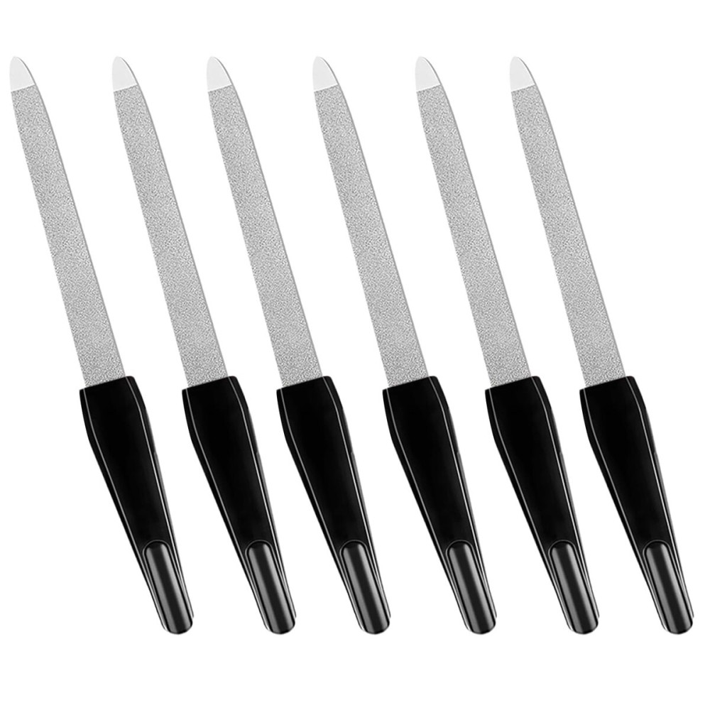 Metal Nail Files Made of Stainless Steel with Sharp Pointed Tip Non Slip Handle, Double Sided Sapphire Grit for Natural Nails Fingernails Toenail limas de uas metlicas Color Black (6 Pcs)