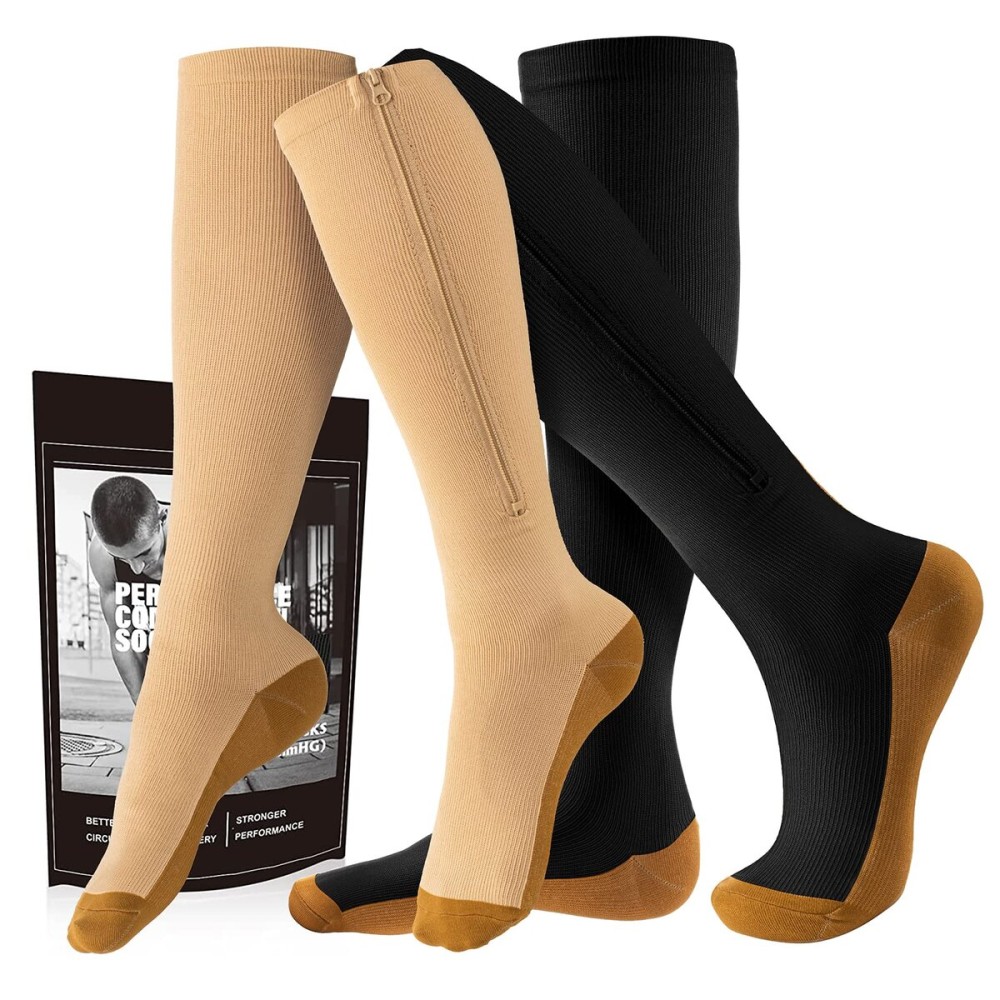 cerpite Zipper Compression Socks, 2 Pairs 15-20 mmHg Closed Toe Compression Stockings for Men Women