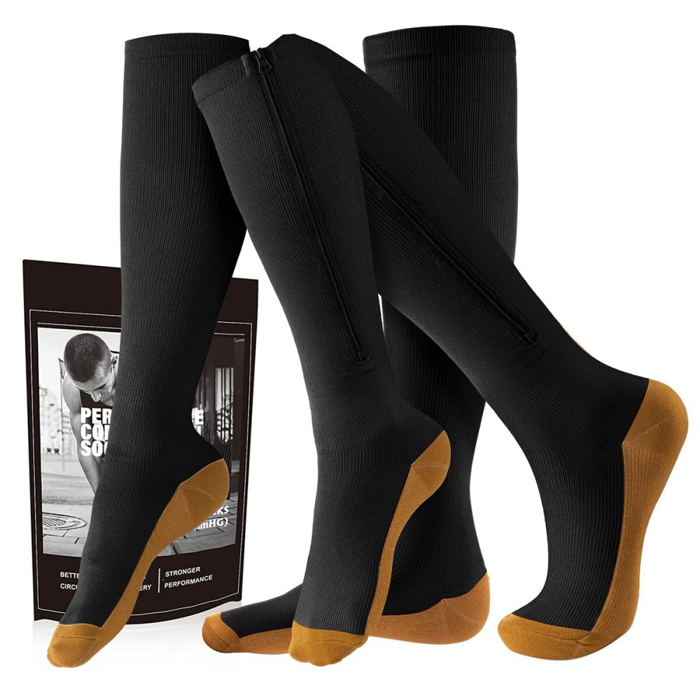 cerpite Zipper Compression Socks, 2 Pairs 15-20 mmHg Closed Toe Compression Stockings for Men Women