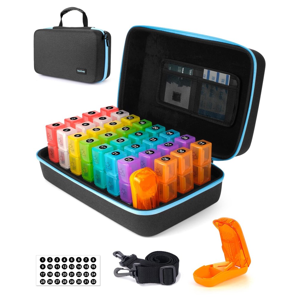 Monthly Pill Organizer 3 Times a Day with Pill Cutter, 30 Days Pill Organizer Monthly, Month Medicine Box Holder Organizer with 31 Daily Compartments, Hard Shell Travel Case & Removed Shoulder Straps