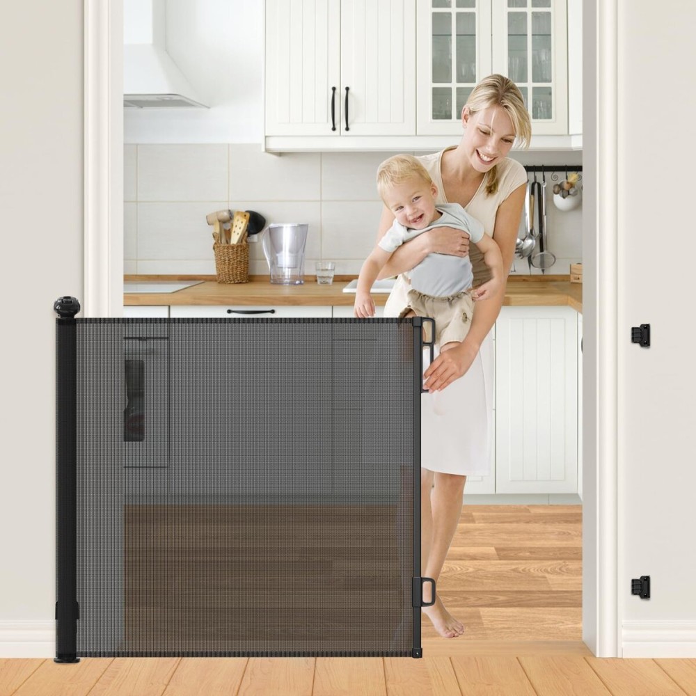 Retractable Baby Gates Extra Wide, PRObebi Retractable Dog Gate Extends to 55 Wide 34 Tall, Dog Gates for The House, Mesh Baby Gate for Staris, Hallways, Doorways, Outdoor & Indoor (Black)