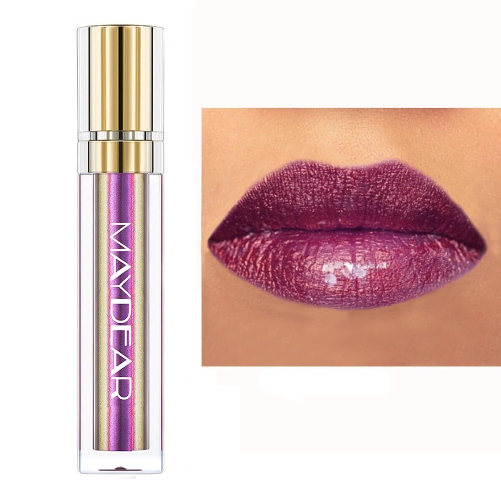 Maydear Chameleon Lipstick, Metallic Purple Multichrome Lip Gloss, Long Lasting Full-Coverage Rainbow Lip Makeup, Golden Plum (09)