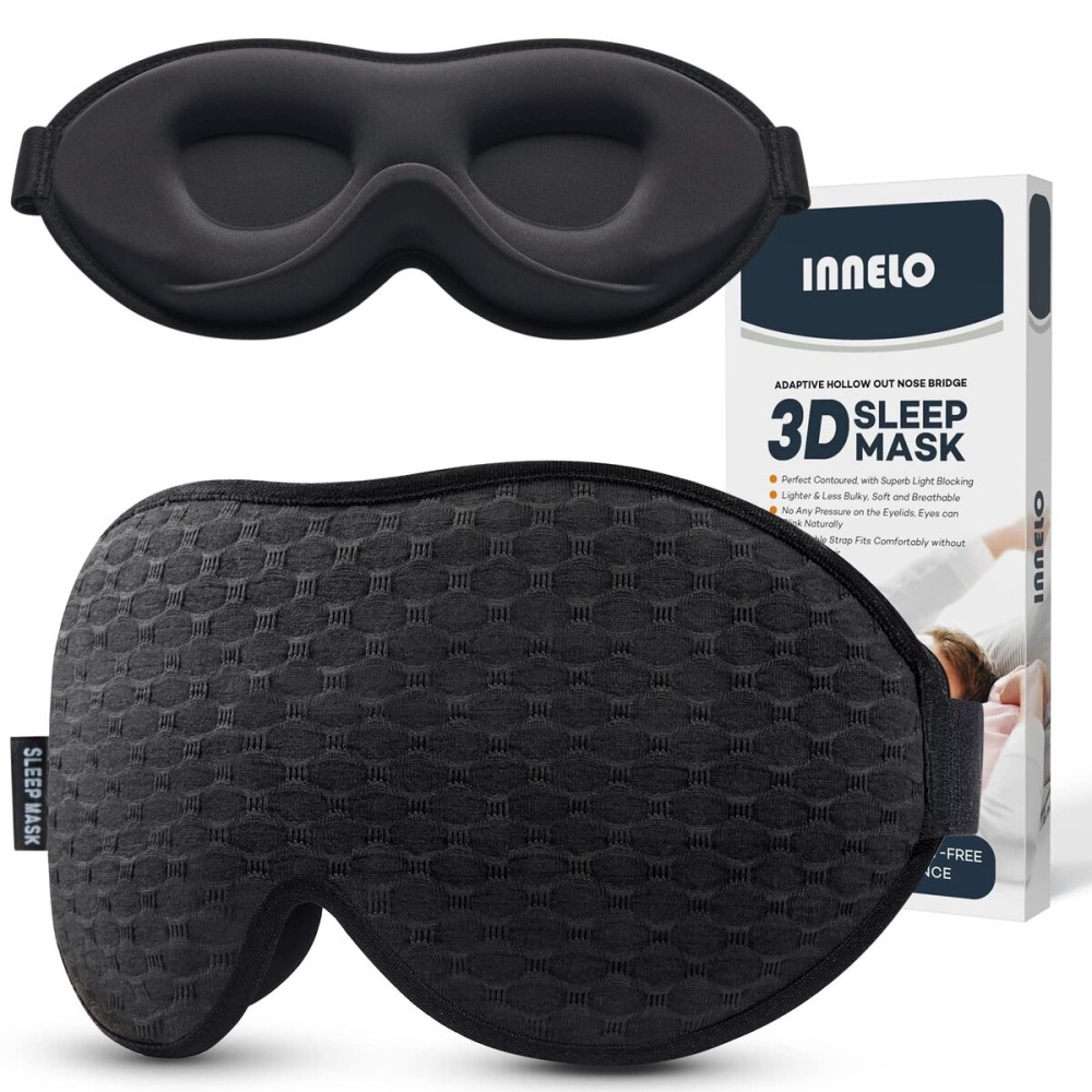 INNELO 3D Contoured Sleep Mask for Side Sleepers, 100% Light Blocking Sleeping Mask for Men & Women, Soft, No Pressure on Eyes, Airplane Blindfold for Travel, Night Eye Cover for Nap, Yoga, Black