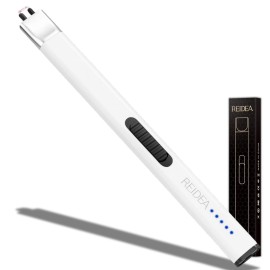 REIDEA Lighter Electronic for Candle, Windproof Flameless USB Rechargeable Arc Lighter with Safe Button and Power Indicator for Candle, BBQ, R1, White