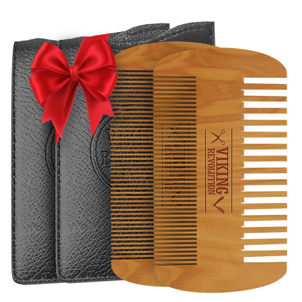 Viking Revolution Wooden Beard Comb & Case, Dual Action Fine & Coarse Teeth, Perfect for use with Balms and Oils, Top Pocket Comb for Beards & Mustaches (2 Pack)