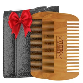 Viking Revolution Wooden Beard Comb & Case, Dual Action Fine & Coarse Teeth, Perfect for use with Balms and Oils, Top Pocket Comb for Beards & Mustaches (2 Pack)