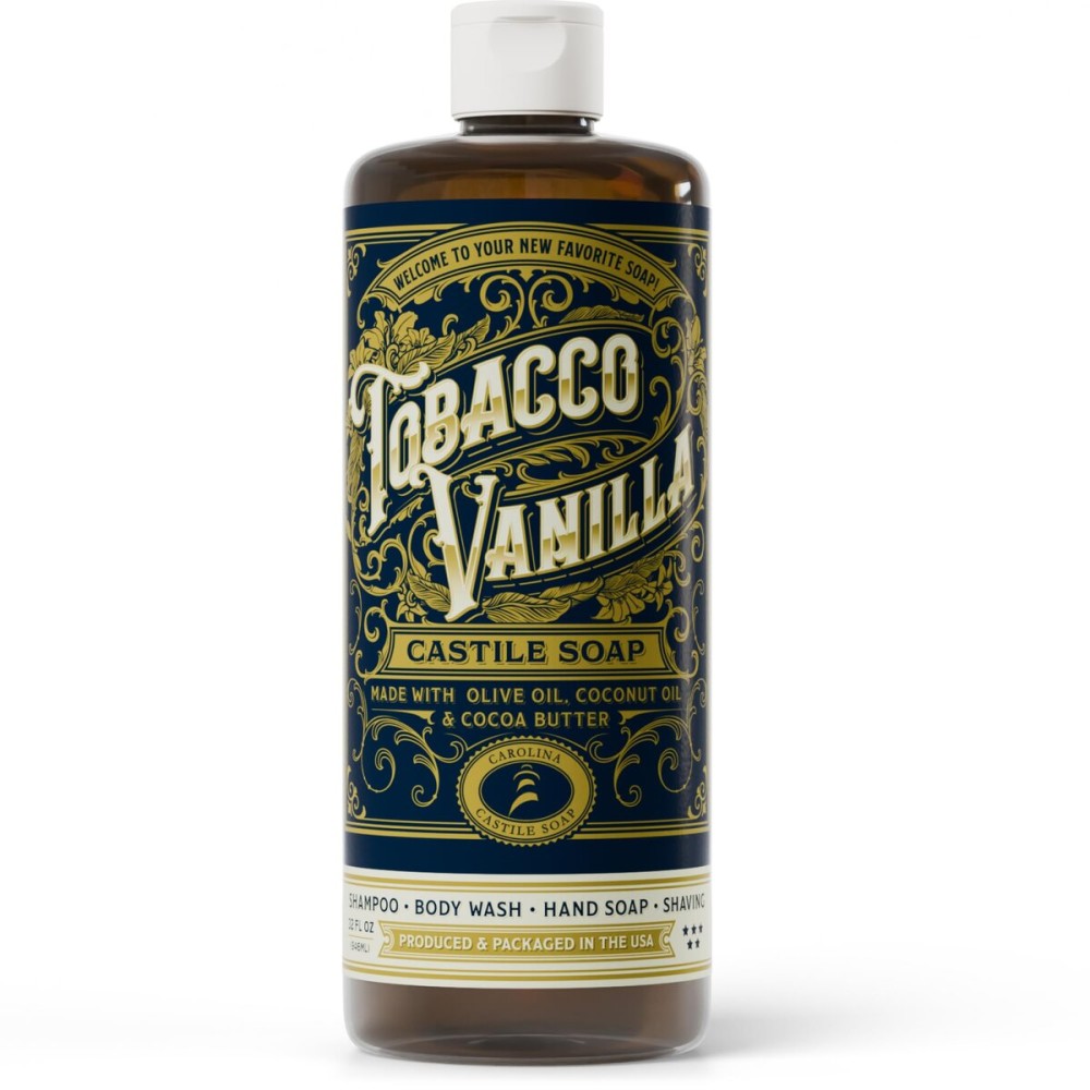 Castile Liquid Body Wash for Sensitive Skin - Natural Shampoo for Men with Olive Oil, Cocoa Butter & Coconut Oil - Tobacco Vanilla by Carolina Castile (Tobacco Vanilla, 32 Fl Oz)