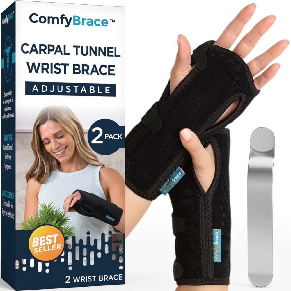 ComfyBrace Carpal Tunnel Wrist Brace (Pack of 2) with Splint and Palm Cushion - (Adjustable and Fits Both Hands) - for Support, Carpal Tunnel, Tendonitis, Wrist Injury, and Pain