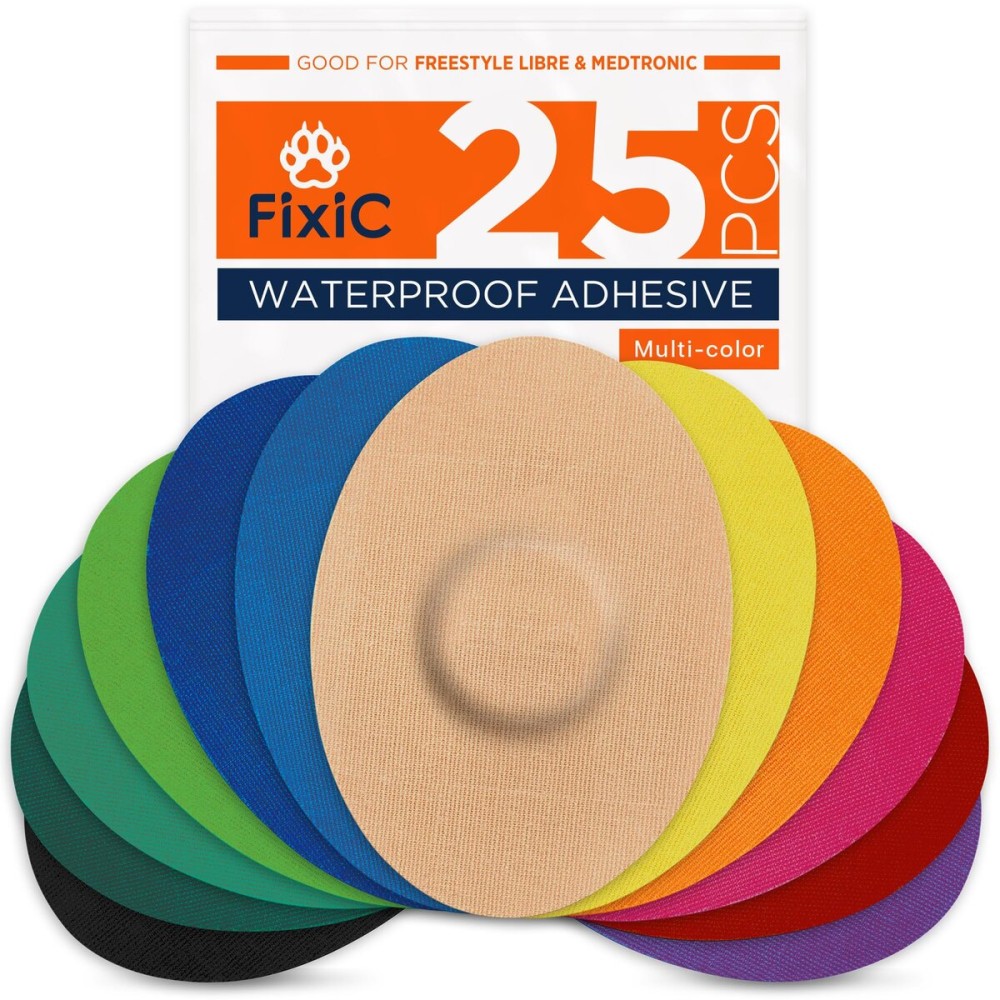 Fixic Freestyle Adhesive Patches 25 PCS - Good for Libre 1, 2, 3 & Plus - G7 & Stelo - Guardian - Waterproof Adhesive Bandages - Pre-Cut Back Paper - Long Fixation for Your Sensor! (Multi-Color)