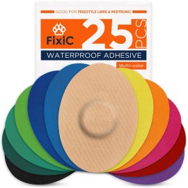 Fixic Freestyle Adhesive Patches 25 PCS - Good for Libre 1, 2, 3 & Plus - G7 & Stelo - Guardian - Waterproof Adhesive Bandages - Pre-Cut Back Paper - Long Fixation for Your Sensor! (Multi-Color)