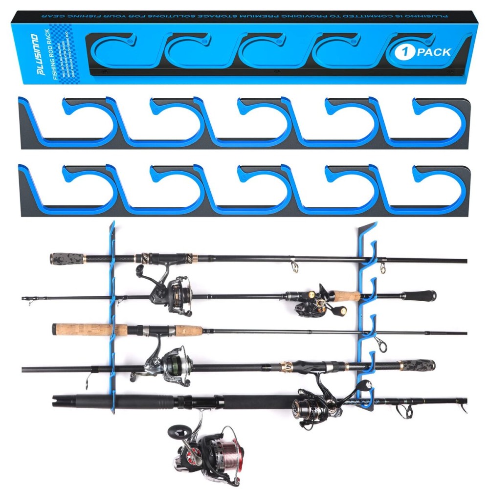 PLUSINNO H5 Horizontal Fishing Rod/Pole Holders for Garage, Wall or Ceiling Mounted Fishing Rod Rack, Aviation Aluminum Fishing Pole Holder Holds up to 5 Rod or Combos or Nets Storage Racks