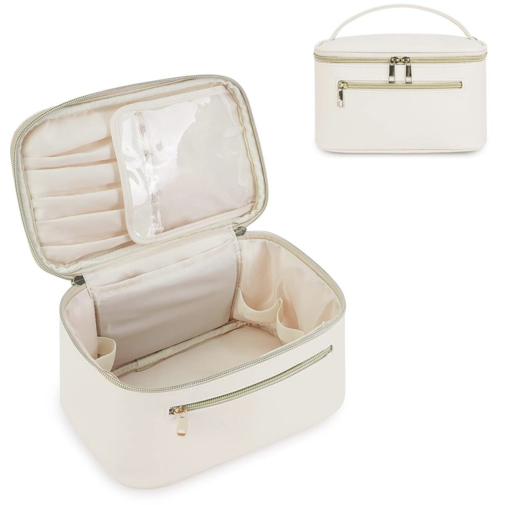 Wandering Nature Makeup Bag, Travel Make Up Organizer Cosmetic Brush Bags Case for Women in Vegan Leather, Milky White, Patent Pending