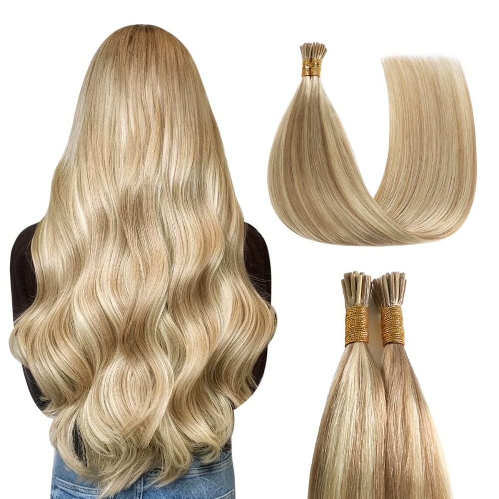 Sunya I Tip Hair Extensions Human Hair 20 Inch Ash Blonde Highlighted Bleach Blonde I Tip Human Hair Extensions P18/613 50g/50S