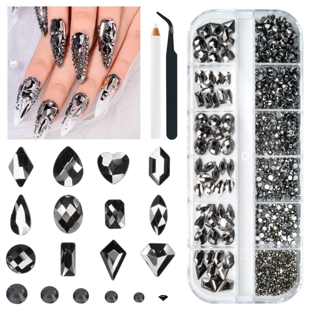 qiipii Mine Black Nail Rhinestones Multi Shapes Metallic Black Rhinestones for Nails Flatback Nail Gems K9 Glass Round Beads Stones Diamonds Nail Charms Art for Nails Faces Eyes Makeup Crafts DIY